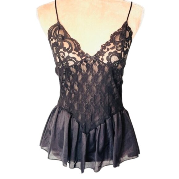 CanCan Tops - Vintage 70s Camisole Lace Peplum Nylon Sheer Lingerie Tank Top S/M